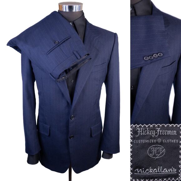 VTG HICKEY FREEMAN 2-Pcs Striped Blue Suit Jacket Blazer Sz 40R Pants 32X29.5 - Picture 1 of 16